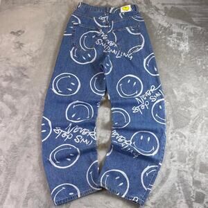 H&M Smiley Face Jeans Womens 4 Blue AOP Denim Never Stop Smiling Graphic